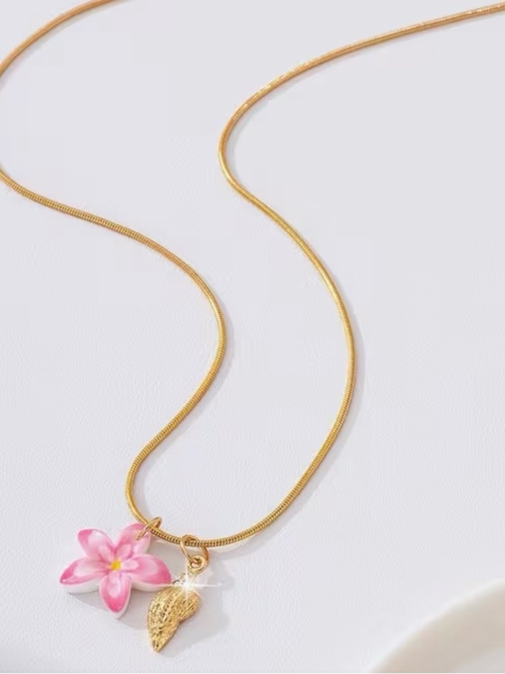 Gold Chain Necklace with Pink Flower and Gold Leaf Charm